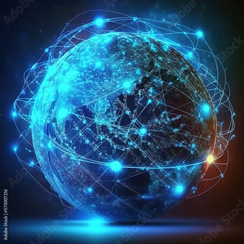 connected through communication technology to the global internet network. European connection links for data transfer and communication, generative ai