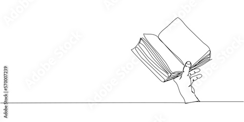 Open book in left hand one line art. Continuous line drawing of book, library, education, school, study, literature, paper, textbook, knowledge, read, learn, page, reading.