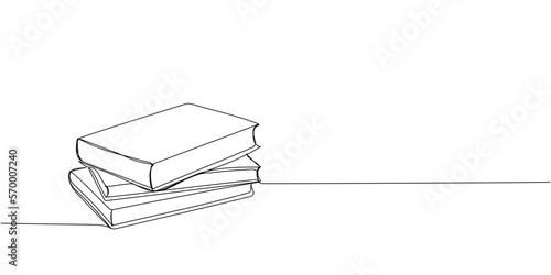 Three books are stacked one line art. Continuous line drawing of book, library, education, school, study, literature, paper, textbook, knowledge, read, learn, page, reading.