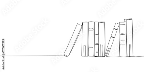 Old books are on the shelf one line art. Continuous line drawing of book, library, education, school, study, literature, paper, textbook, knowledge, read, learn, page, reading.
