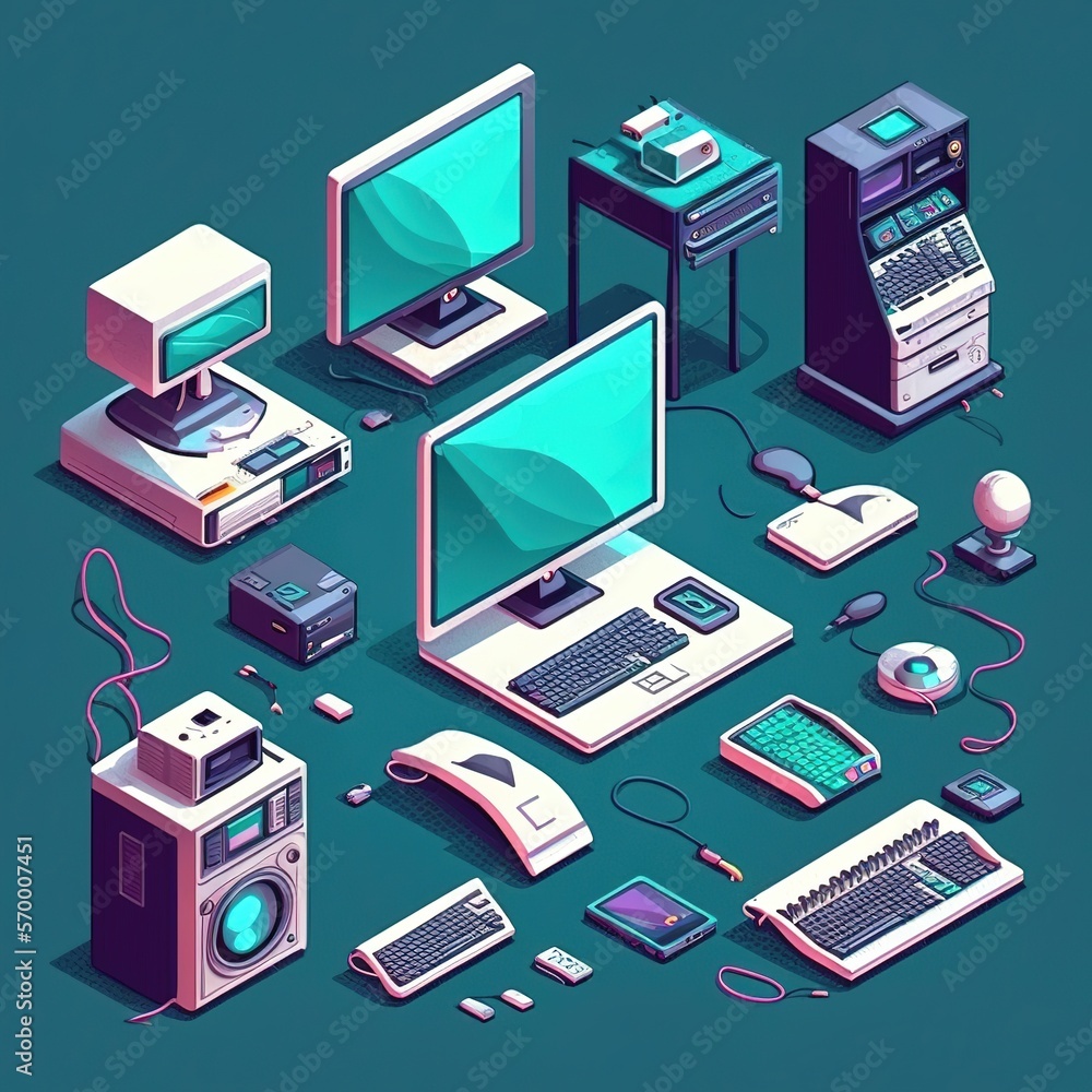 Computer technology isometric. PC, laptop, phone on desk, technology symbols, app design elements, generative ai Computer technology isometric. PC, laptop, phone on desk, technology symbols, app design elements, generative ai