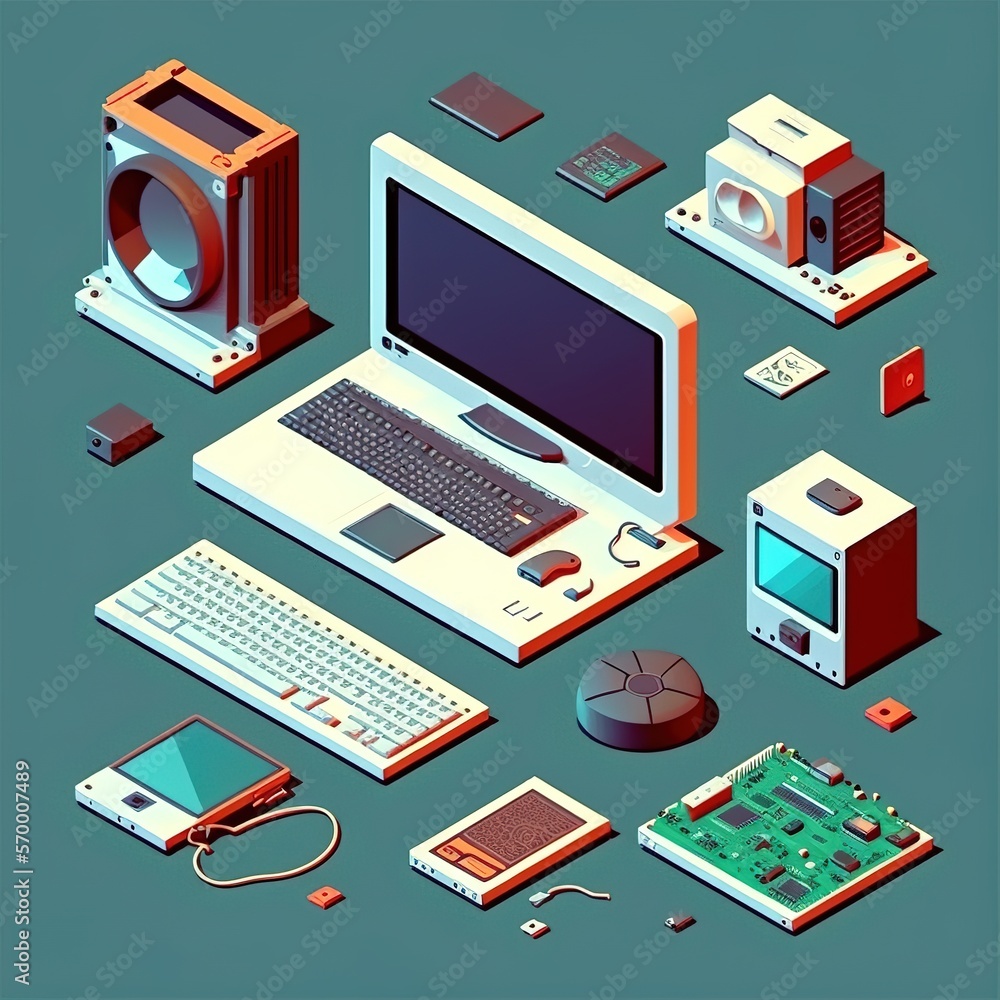 Computer technology isometric. PC, laptop, phone on desk, technology symbols, app design elements, generative ai Computer technology isometric. PC, laptop, phone on desk, technology symbols, app design elements, generative ai