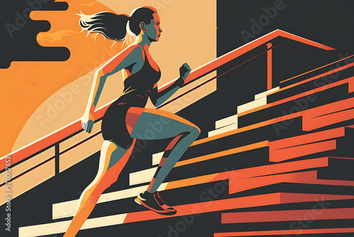 Flat vector illustration Female runner training down stairs outdoors 