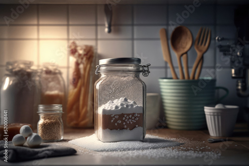sugar in a glass jar on a wooden table against the background of a blur image of the kitchen. Generative AI. 