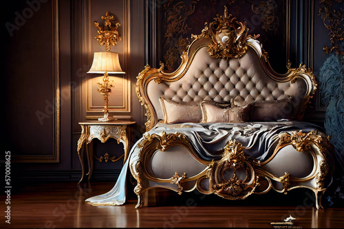  Elegant bedroom interior in baroque style.   Romantic bedroom.  Generative AI. © EwaStudio