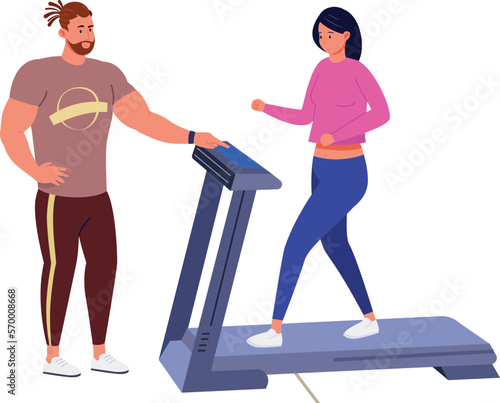 Man training woman running on treadmil. Cardio workout