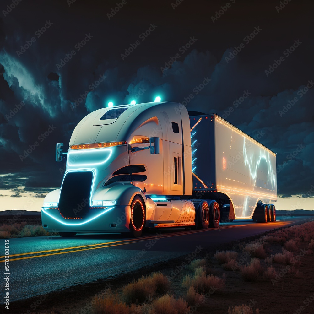 Futuristic Technology Concept: Autonomous Semi Truck with Cargo Trailer ...
