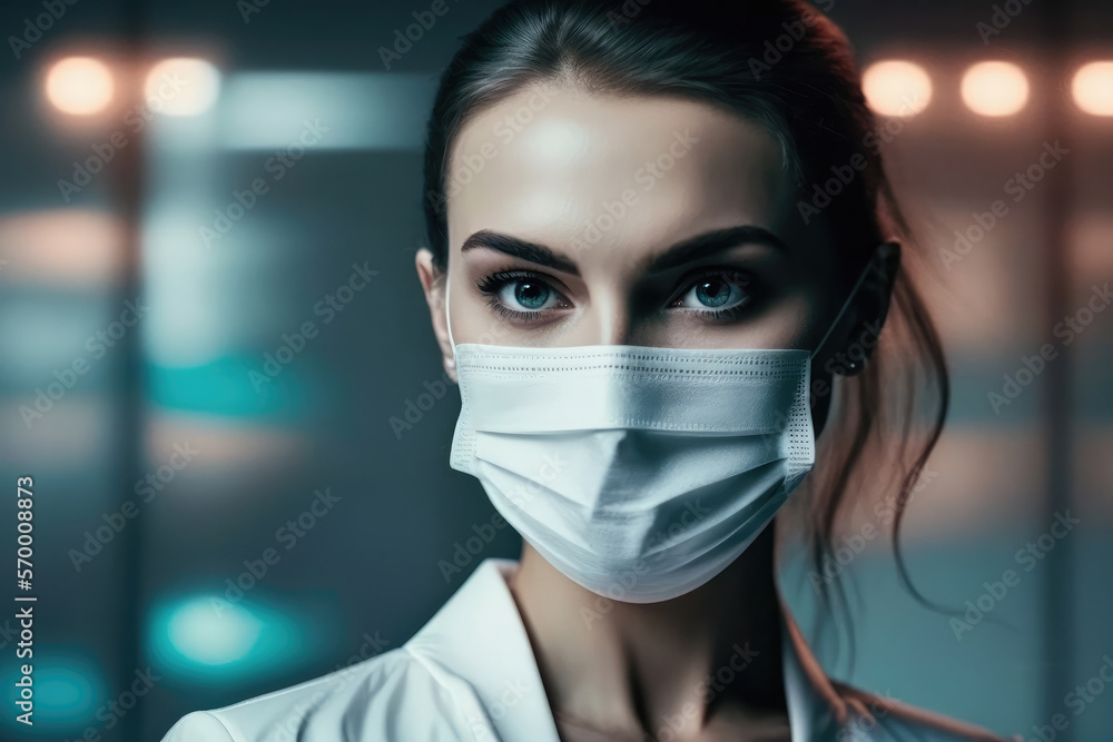 a young woman doctor in a medical mask in the corridor of the clinic looks into the camera.  Generative AI