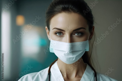 a young woman doctor in a medical mask in the corridor of the clinic looks into the camera. Generative AI