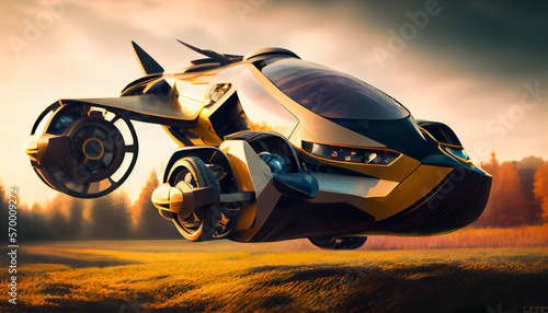 A model of a flying car in the air of the future.  Generative AI. © EwaStudio