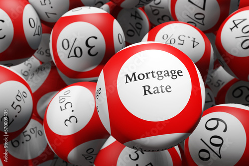 Red lottery balls showing different interest rates. Illustration of the concept of increasing mortgage rates and cost of living photo