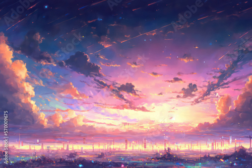 Beautiful sky cloud and sunset view with digital art style, Sunset with beautiful glowing flare light, Colourful cloudy, Fantasy sky, Digital art style, Illustration painting, Generative AI. 