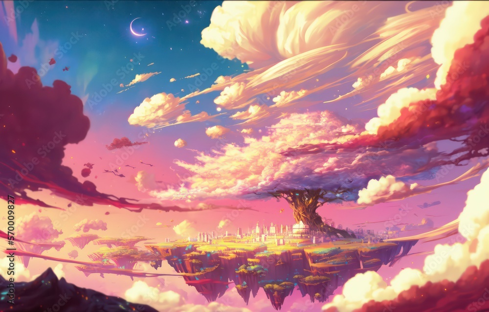 Fantasy sky city, Fantasy sky castle, Fantasy sky town, Beautiful fantasy sky view, Beautiful gorgeous sky with sunset light, Digital art style, Illustration painting, Generative AI.