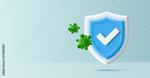 Blue shield with a checkmark, reflects green bacteria. Banner for protection against viruses, bacteria, pandemics. Immunology in medical facilities.