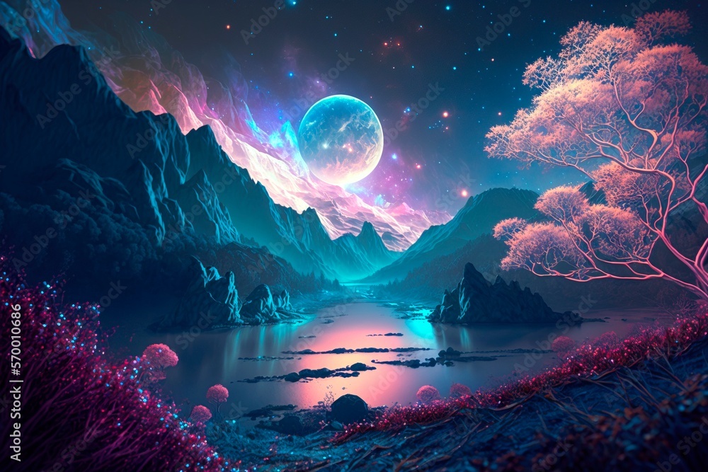 Stunning Night extraterrestrial scene. Huge mountains against Starry sky. Fantasy landscape. Alien planet. Generative AI illustration. Stunning Night extraterrestrial scene. Huge mountains against Starry sky. Fantasy landscape. Alien planet. Generative AI illustration.
