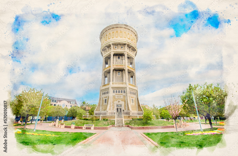 The Water Tower Viztorony in Szeged, Hungary in watercolor illustration style. 