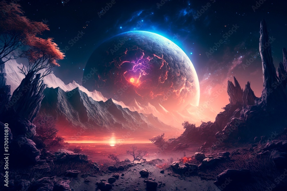 Stunning Night extraterrestrial scene. Huge mountains against Starry sky. Fantasy landscape. Alien planet. Generative AI illustration.