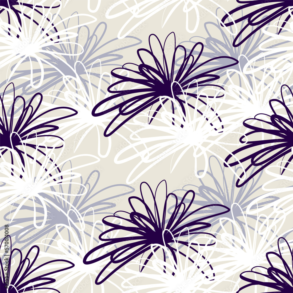 Seamless pattern of white and gray flowers in continuous line sketch doodle style. Vector illustration isolated on a black background Seamless pattern of white and gray flowers in continuous line sketch doodle style. Vector illustration isolated on a black background