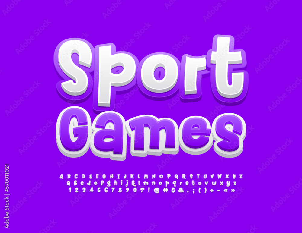 Vector funny Emblem Sport Games. Playful style Font. Violet and White  bright Alphabet Letters and Numbers