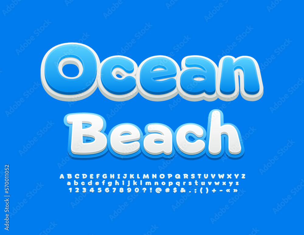 Vector travel Emblem Ocean Beach. Creative 3D Font. Modern Alphabet Letters, Numbers and Symbols set