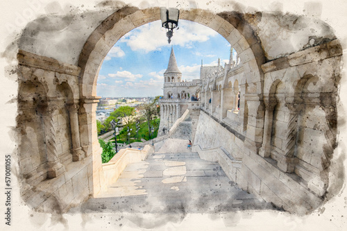 Fisherman's Bastion in Budapest, Hungary in watercolor illustration style. 