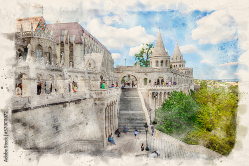 Fisherman's Bastion in Budapest, Hungary in watercolor illustration style.  photo