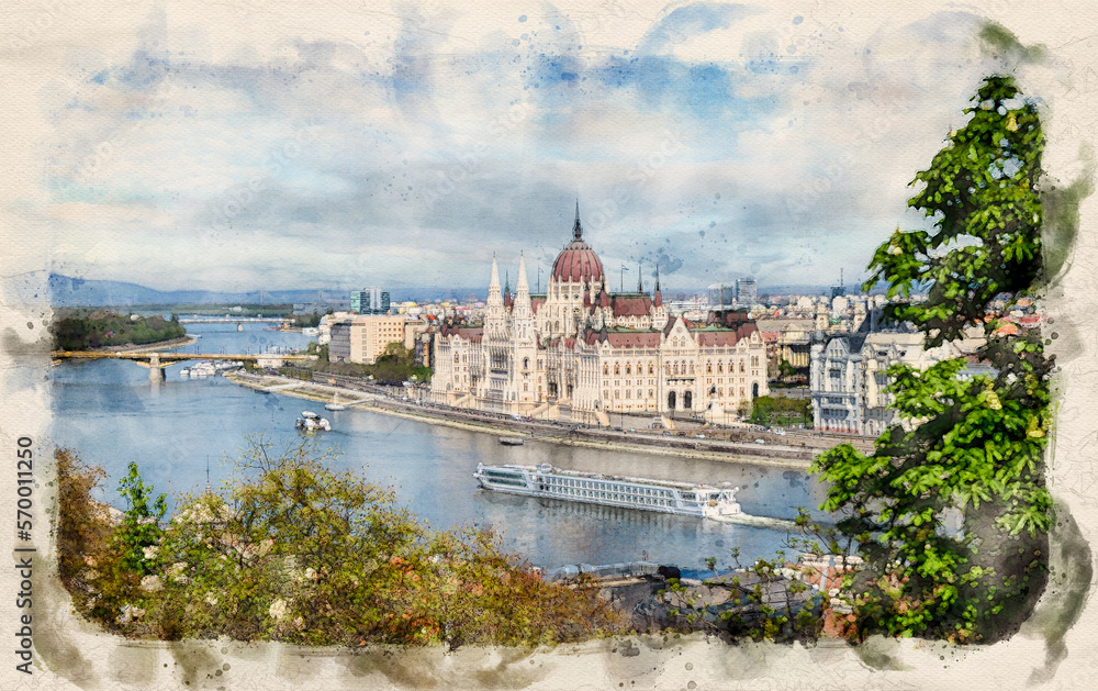 Hungarian Parliament building in Budapest, Hungary in watercolor illustration style.	