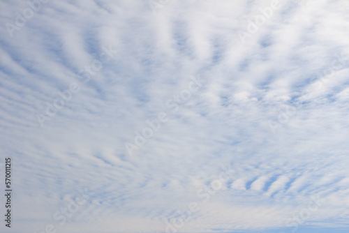Blue sky and white clouds. Wavy clouds. Background. Layer. Texture. Selective focus. Out of focus. Copy space