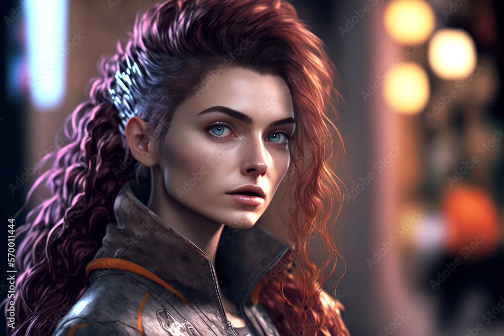 Beautiful girl for metaverse or cyberpunk in casual suit, on blurred background | Generative AI Production Beautiful girl for metaverse or cyberpunk in casual suit, on blurred background | Generative AI Production