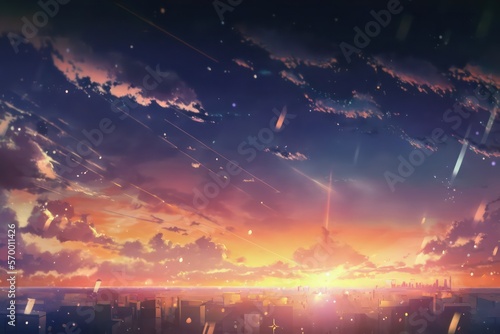 Anime sky art wallpaper background. Fantasy sky with beautiful star falls, Star falls with beautiful flares, Starry night, Beautiful starry night with sky view, Digital art style, Generative AI. 
