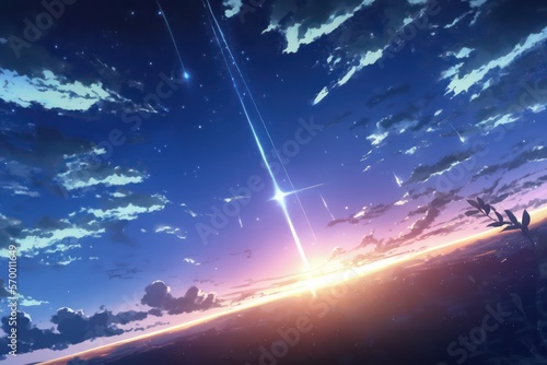 Anime sky art wallpaper background. Fantasy sky with beautiful star falls, Star falls with beautiful flares, Starry night, Beautiful starry night with sky view, Digital art style, Generative AI. 