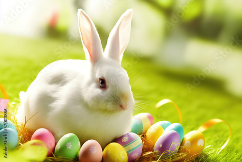 Easter eggs with bunny. Spring rabbit still life card background. Generative AI