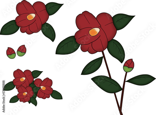 椿　一輪・つぼみ・花セット（主線あり）