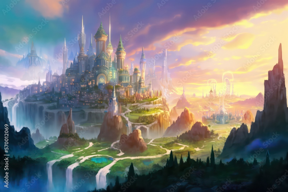 Fantasy castle in fairytale theme, Fantasy adventure world wallpaper background, Glowing colourful fantasy world castle. Digital art, Illustration painting, Generative AI.