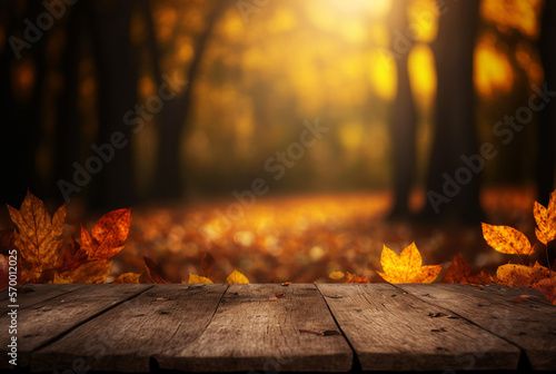 Autumn Table - Orange Leaves And Wooden Plank At Sunset In Defocused Forest background generative ai.
