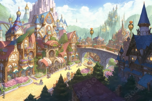 Fantasy castle in fairytale theme, Fantasy adventure world wallpaper background, Glowing colourful fantasy world castle. Digital art, Illustration painting, Generative AI.