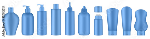 Set of blue squeeze bottles and cosmetic tubes. Korean packaging. Lotion or shower gel. Body antiperspirant deodorant roll-on