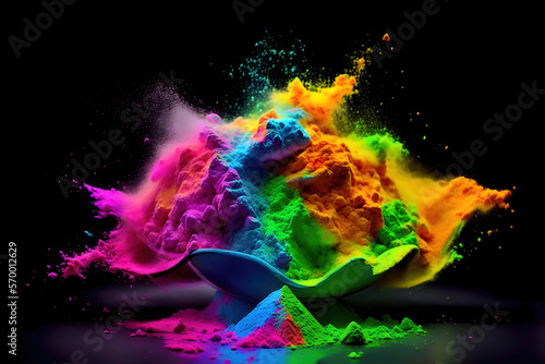 Holi explosion festival. Colorful powder bowl for abstract India color background. Generative AI
