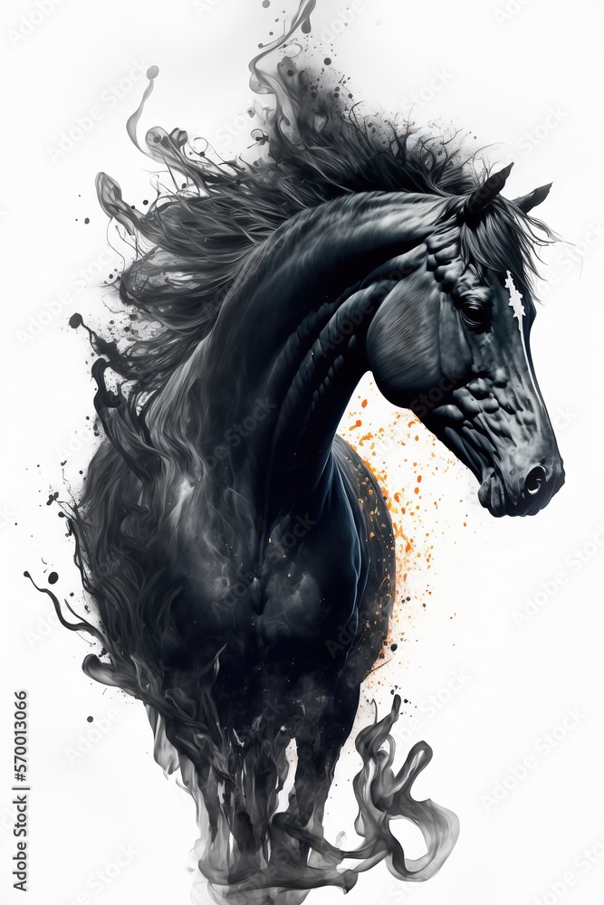 pencil sketch of a abstract horse. majestic black smoke horse with ink drops and brush strokes.