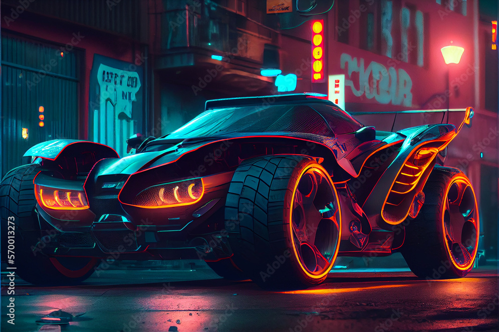 Cyberpunk futuristic car driving at nigh city streets with neon lights background. Night street car racing. High quality ai generated illustration.