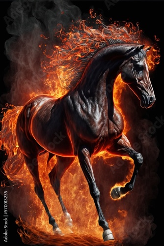 Digital Painting of a majestic brown stallion. Fire horse. Flames and smoke. © ana