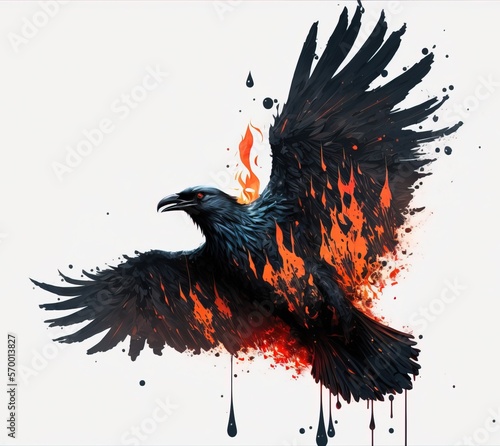 Digital Painting of a flaming raven. ink drops and brush strokes