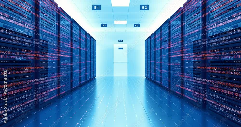 Server room of a modern data center of an ISP. Flickering data lights ...