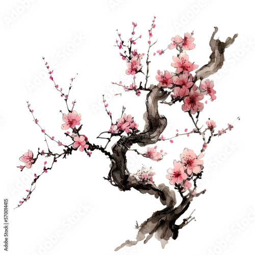 Fototapete Traditional ink painting style sakura tree branches, Beautiful pink cherry blossom, spring flowers, generated ai