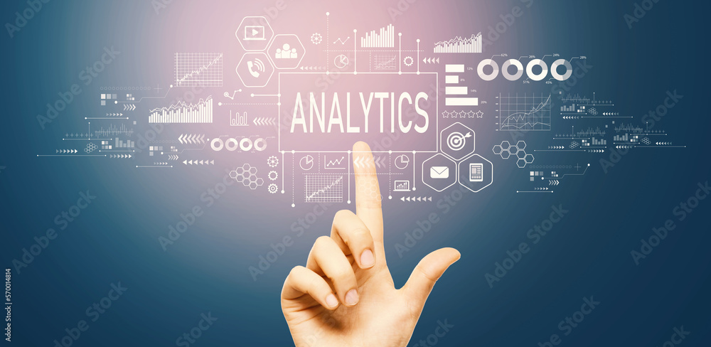 Analytics theme with hand pressing a button on a technology screen Analytics theme with hand pressing a button on a technology screen