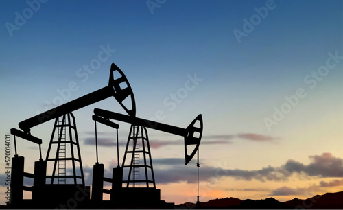 Silhouette of Oil pump. Industrial machine for petroleum on background of sunset. EPS10 vector