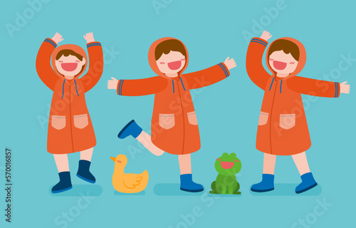 bundle happy girls wearing raincoat cartoon character vector