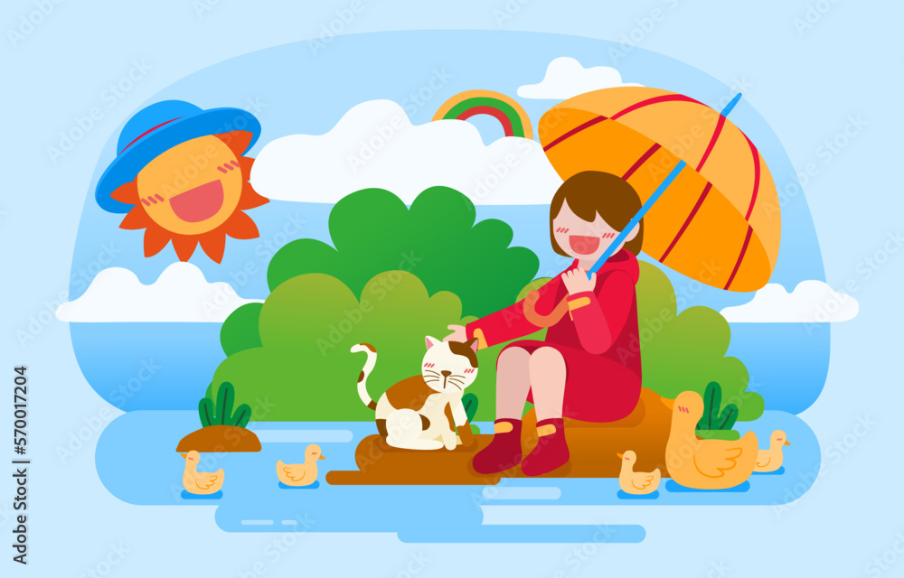 Lovely Girl and her pet in garden cartoon character vector