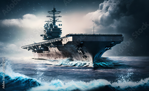 Military navy ship carrier in water. Warships set out on secret mission in ocean, menacing mood. Generation AI