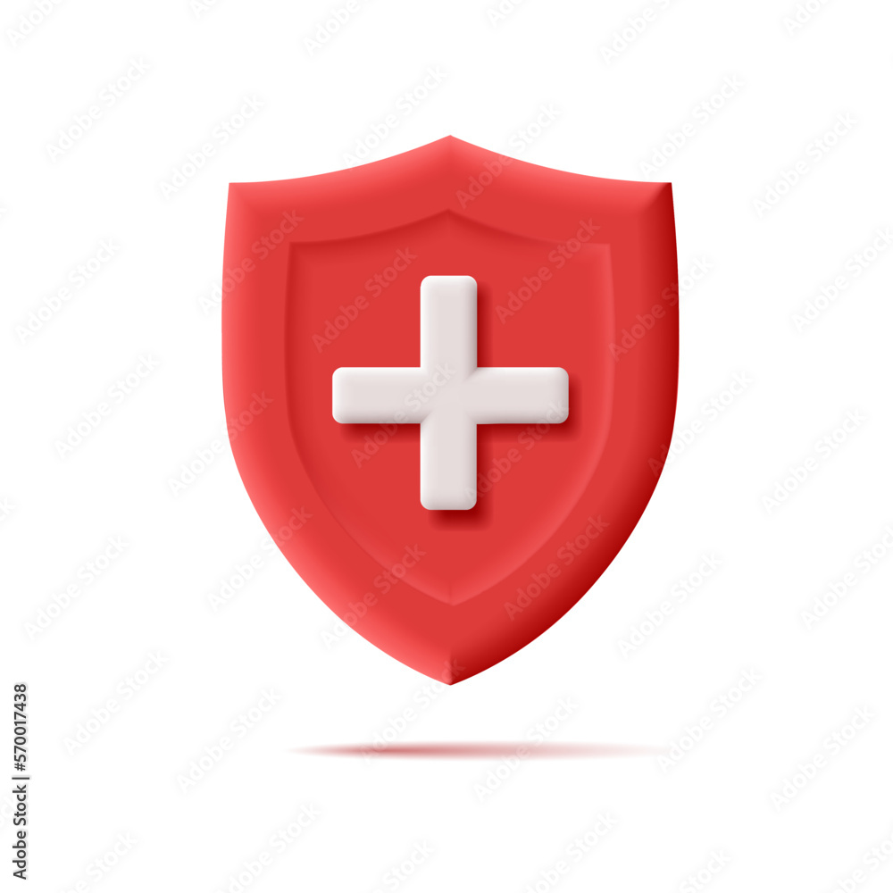 Red modern 3D shield with a white cross. Healthcare concept. An element for the layout design of hospitals and pharmacies. Red modern 3D shield with a white cross. Healthcare concept. An element for the layout design of hospitals and pharmacies.
